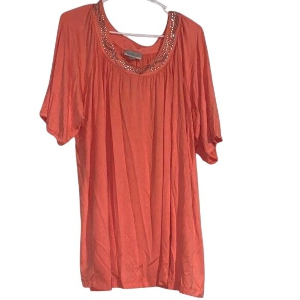 Avenue Womens Coral Beaded Neckline Short Sleeve Tunic Top Size 22/24